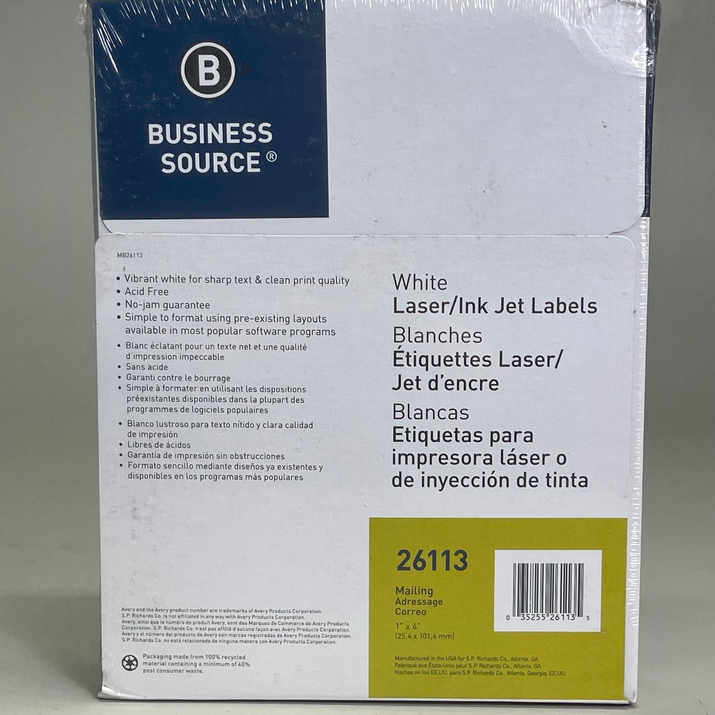 BUSINESS SOURCE (5000 Labels) Laser Ink Jet Mailing Labels 1"x4" White 26113