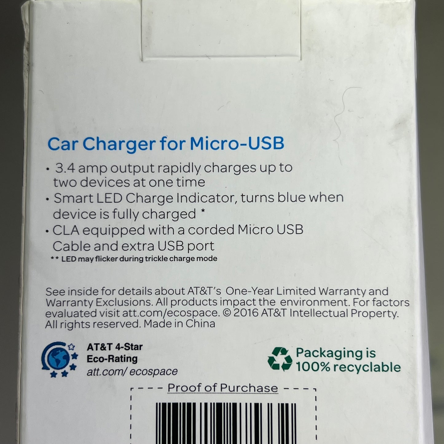 AT & T Single USB Secondary & Corded Micro Car Charger LED 3.4Amp Black 4899