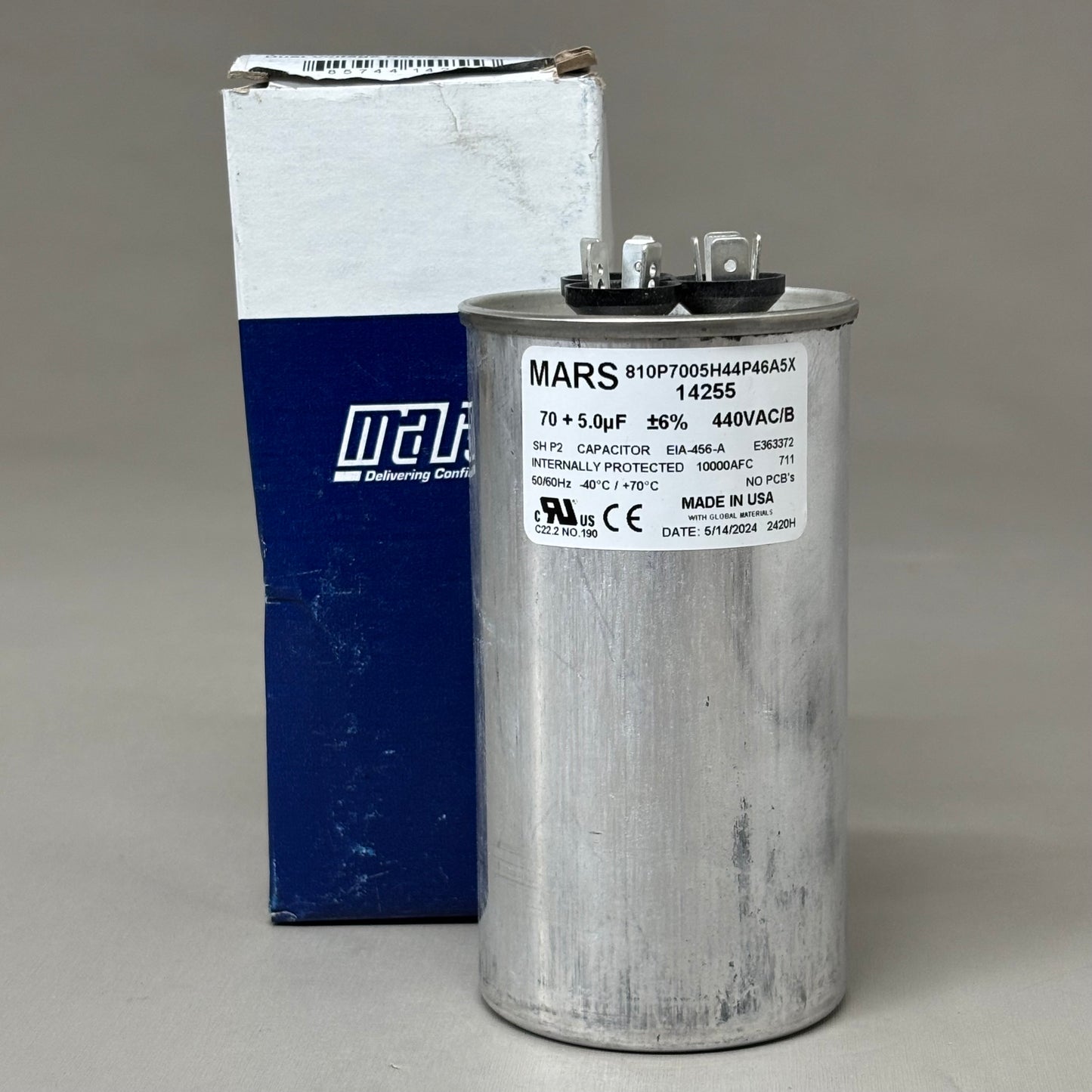 MARS Aluminum Motor Run Capacitor Round 70/5 MFD 440/370 VAC Dual Voltage 14255