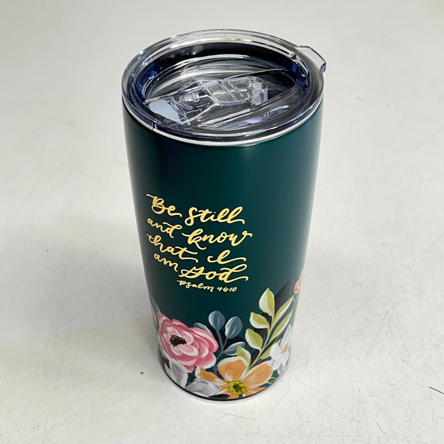 CHRISTIAN ART GIFTS Psalm 46:10 Floral Stainless Steel Travel Tumblr 18 Fl Oz