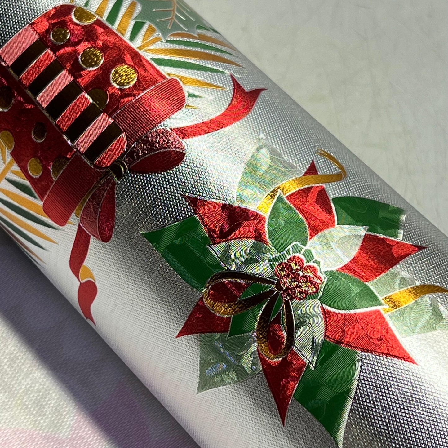 Christmas Shimmery Poinsettia & Presents Table Cloth 54"x60' Silver/Red CC-8364