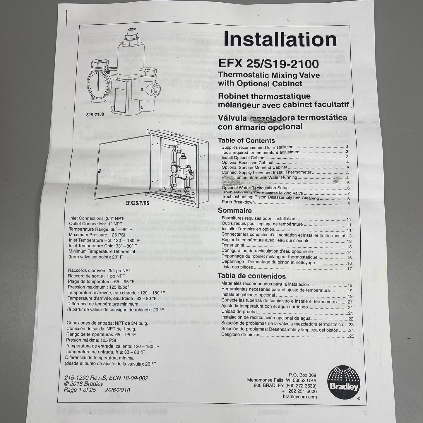 BRADLEY Eyewash Safety Shower Thermostatic Mixing Valve TMV EFX25 26 GPM S19-2100