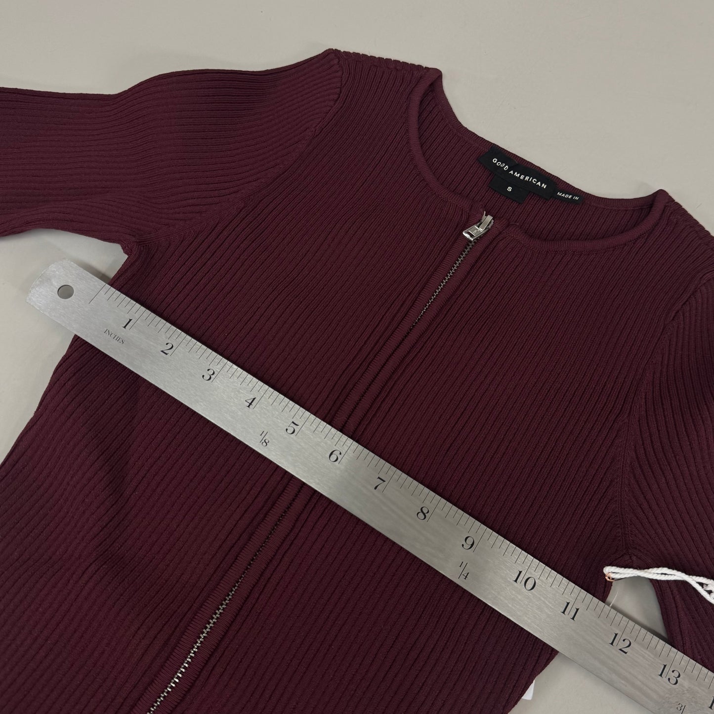 GOOD AMERICAN Shine Zipped Rib V-Neck Cardigan Women's Sz Small OXBLOOD002 GSK0263