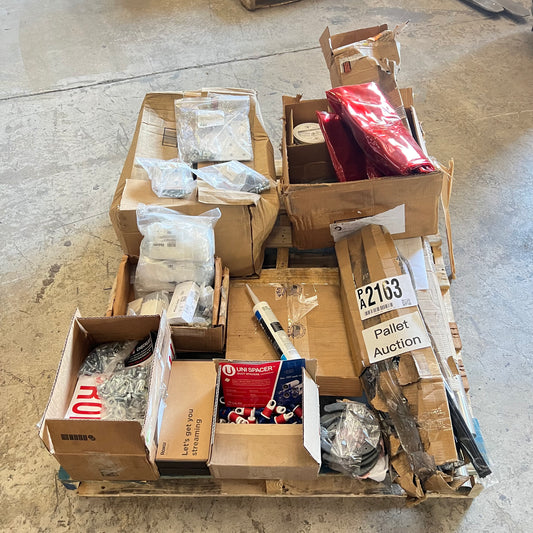 ZA@ Pallet of MIXED Hardware, Brackets, Plastic Tarp, Steel Horse Shoes, Lamination Sheets, & More!!!!! (AS-IS)