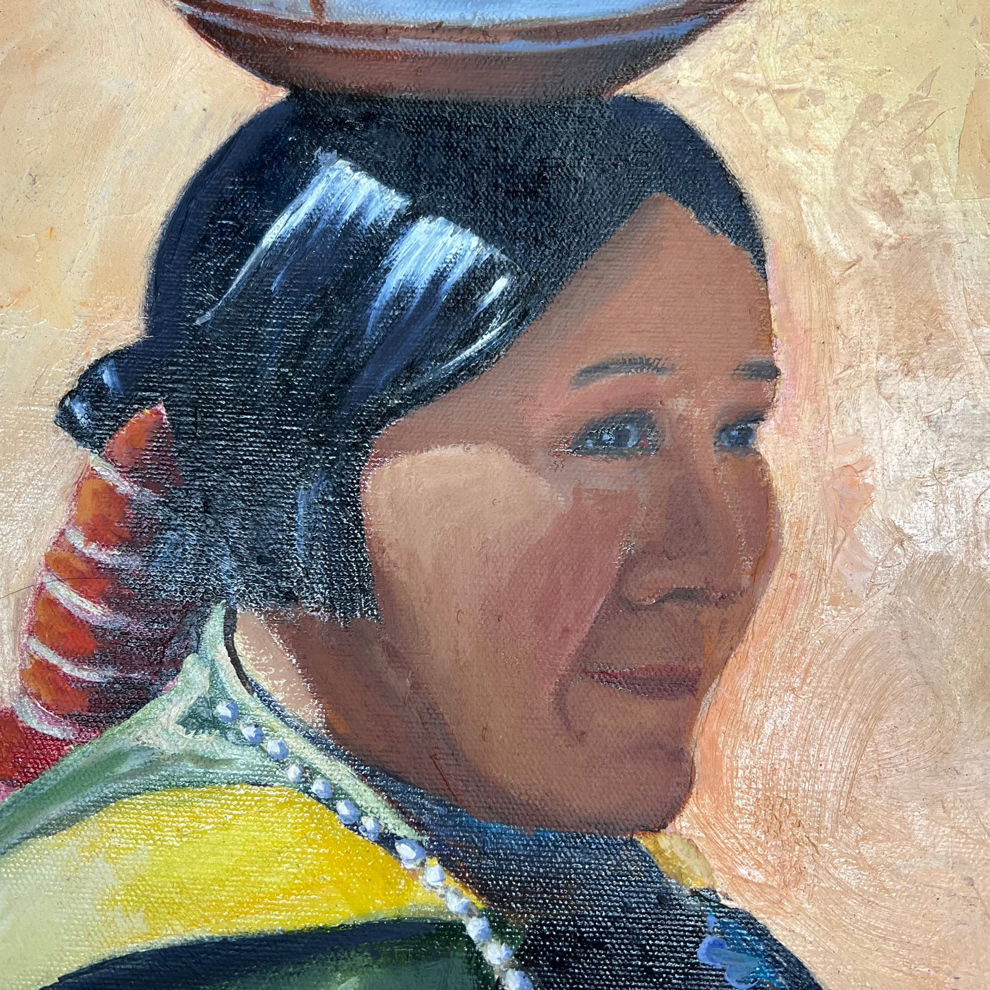 VERNA MARIE (CAMPBELL) Native W/ Head Pot Oil Painting On Canvas 24"x18" (As-is)