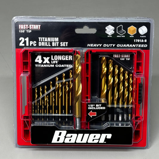 BAUER 21-Piece Titanium Drill Bit Set Heavy Duty 9" x 9 1/2" Red 1791A-B