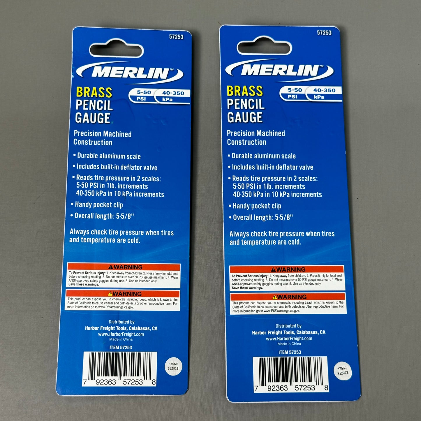 MERLIN (2 PK) Brass Tire Pressure Pencil Gauge 5-50 PSI 6" x 1/2" 57253