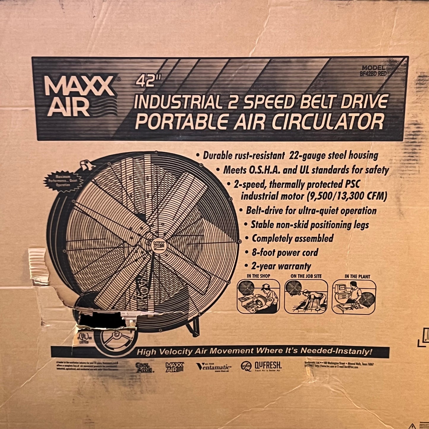 MAXX AIR 42" Industrial 2 Speed Belt Drive Portable Air Circulator - BF42BD RED