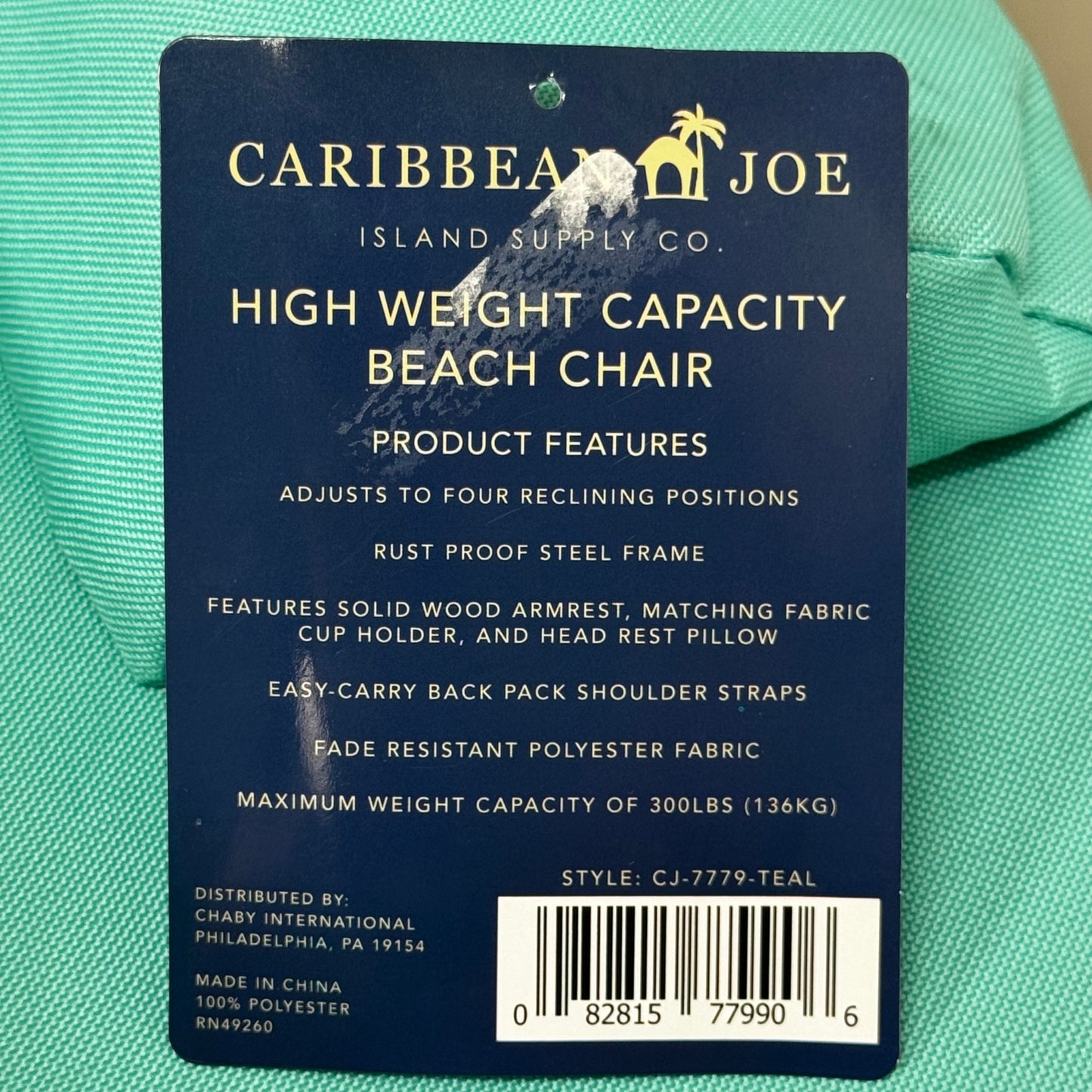 CARIBBEAN JOE 4-Position High Weight Capacity Beach Chair w/ Pillow Teal CJ-7779