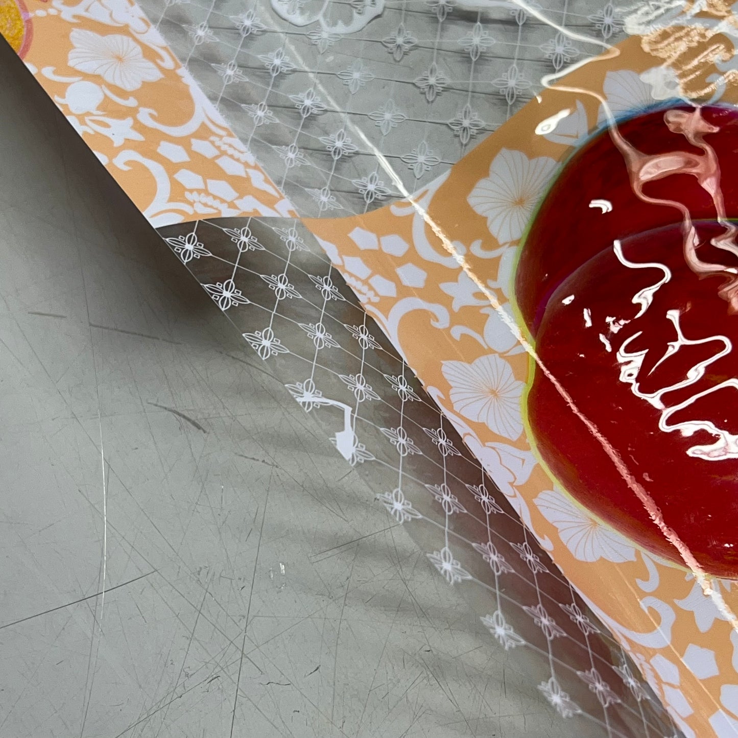 PVC Glossy Faux Lace Patchwork Fruit Dining Tablecloth Roll 54"x60' White/Orange