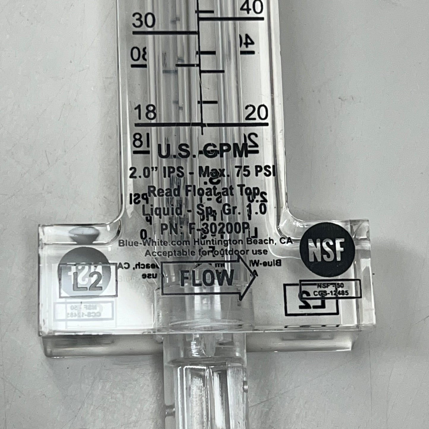 BLUE-WHITE Acrylic Flow Meter Stainless Steel Float Material 2.00" F302200P