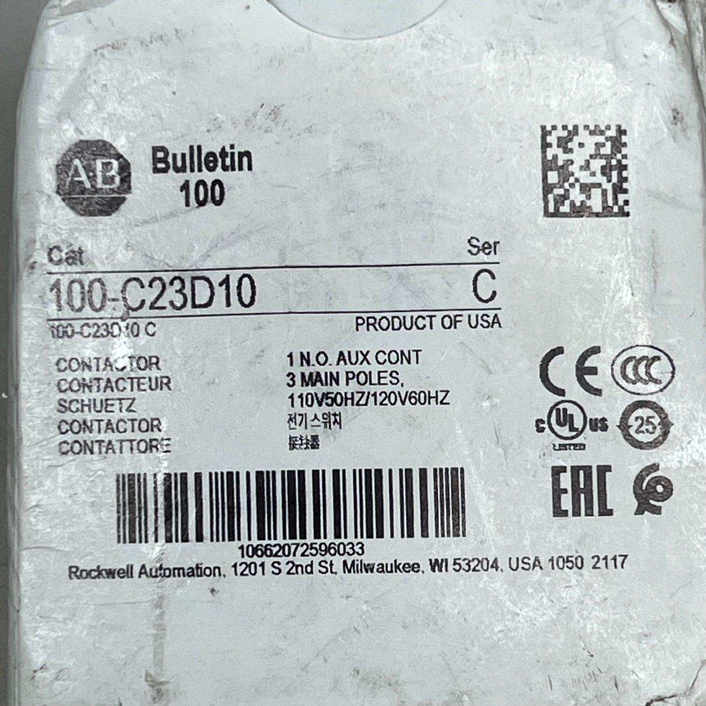 ALLEN BRADLEY IEC Contactor Non-Reversing 120/110v 60/50hz Grey 100-C23D10