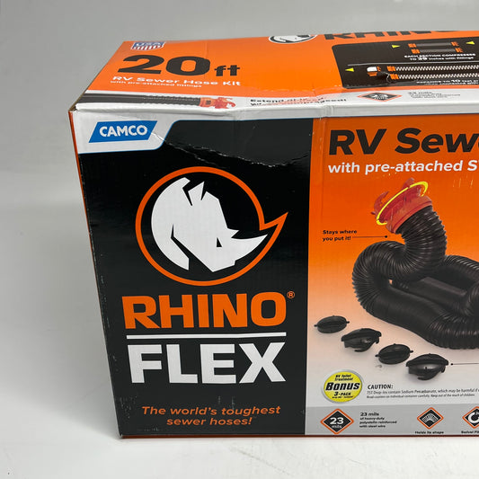 CAMCO Rhino Flex Rv Sewer Hose Kit 360 Degree Swivel Fittings 20' Black 39741