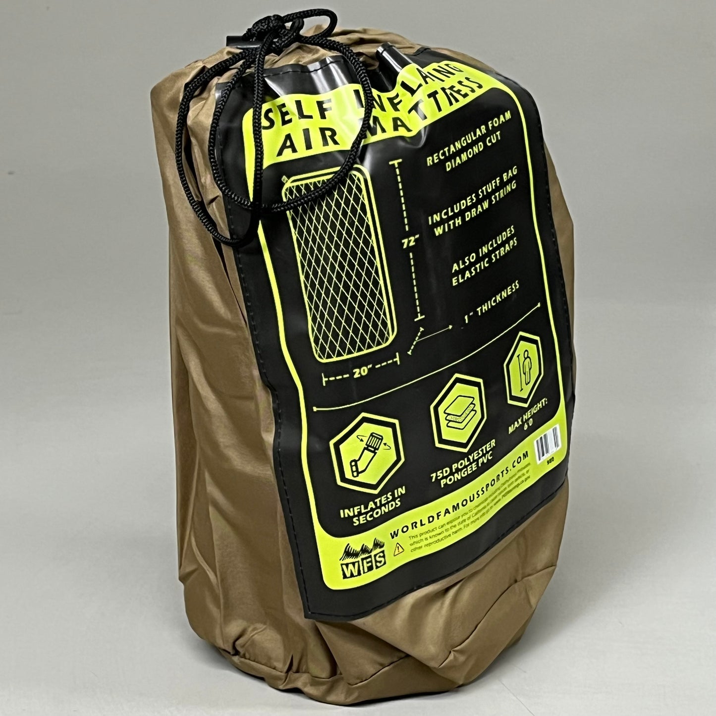 WORLD FAMOUS SPORTS Self Inflating 1" Air Pad w/ Stuff Sack 72"x20"x1" Tan 980