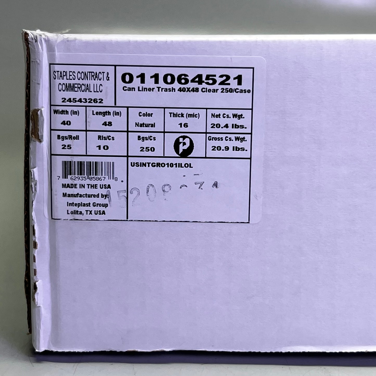 STAPLES CONTRACT & COMMERCIAL LLC (250 Bags) Can Liner Trash 40"W x 48"L White 011064521