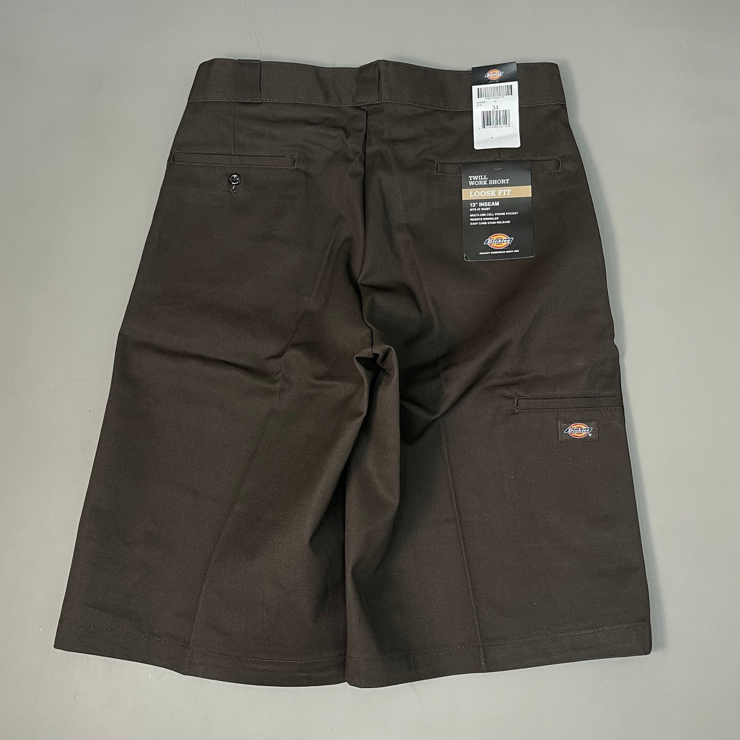 DICKIES Loose Fit Twill Work Shorts 13" Inseam Men's Sz 34 Dark Brown 42283DB