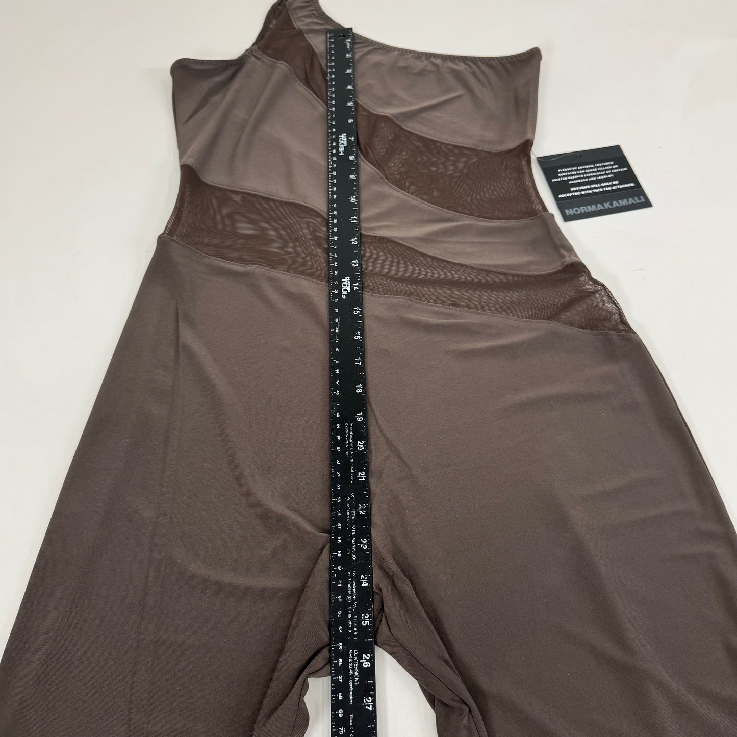 NORMA KAMALI One Shoulder Snake Mesh Catsuit Footsie Women's Sz XL/42 Chocolate