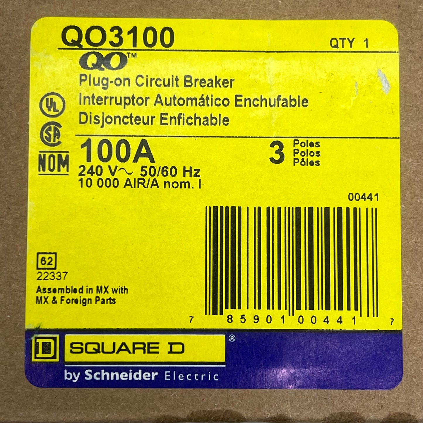 SQUARE D 100 Amp Circuit Breaker Bolt-On 3 Pole 240 Volt QO3100