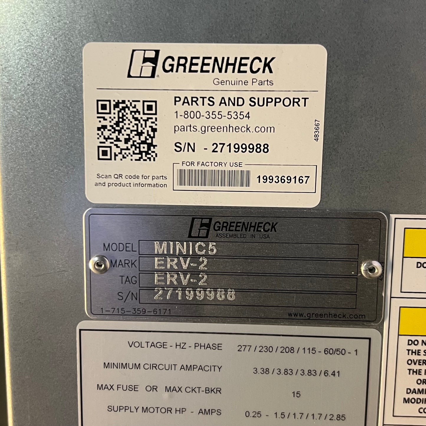 GREENHECK Core Energy Recovery Ventilator MINIC5