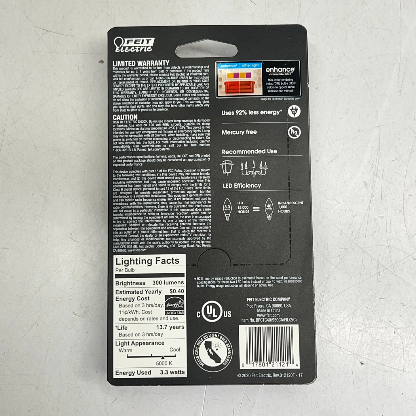 FEIT ELECTRIC (2 PACK) Filament Led Bulb E12 Daylight 5000K BPCTC40/950CA/FIL/2