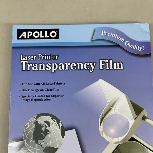 APOLLO (50 Sheets) Laser Printer Transparency Film 8.5"x11" Clear (New Other (Distressed Packaging))