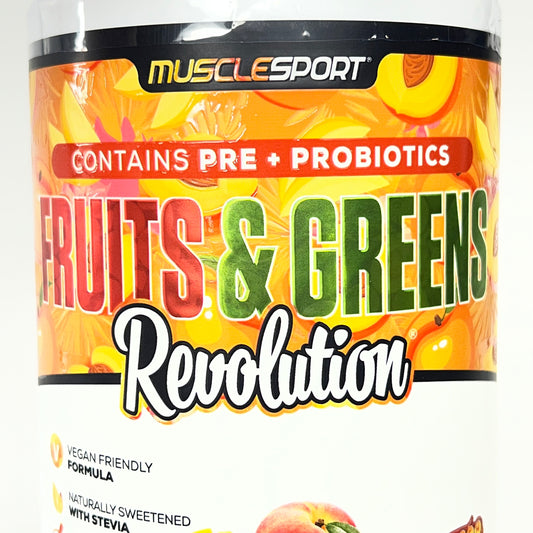 MUSCLESPORT Fruits & Greens W/ Pre & Probiotics Revolution Peach Mango BB 01/29