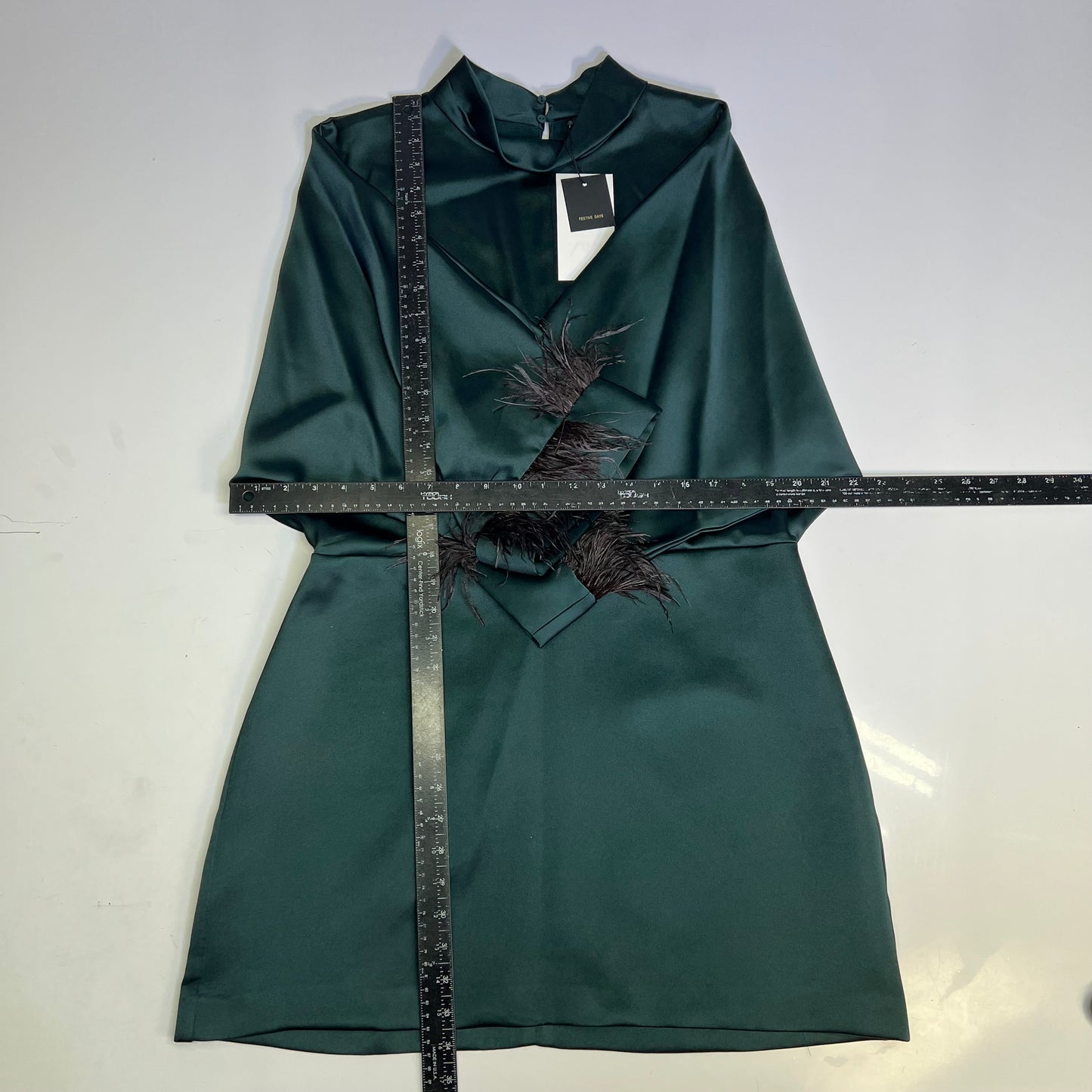 ZARA Open Back Feather Satin Effect Short Dress Women's Sz XL Dark Green/Black