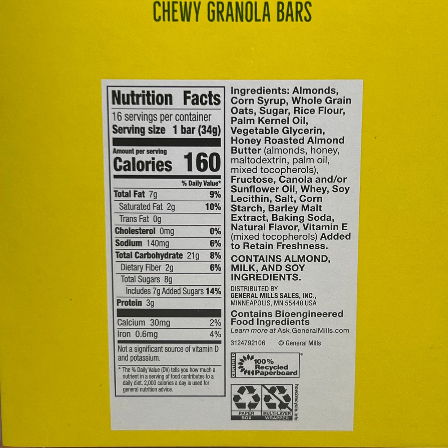 NATURE VALLEY (16 Bars) Sweet & Salty Granola Bars, Almond 16 - 1.2 oz BB 05/26