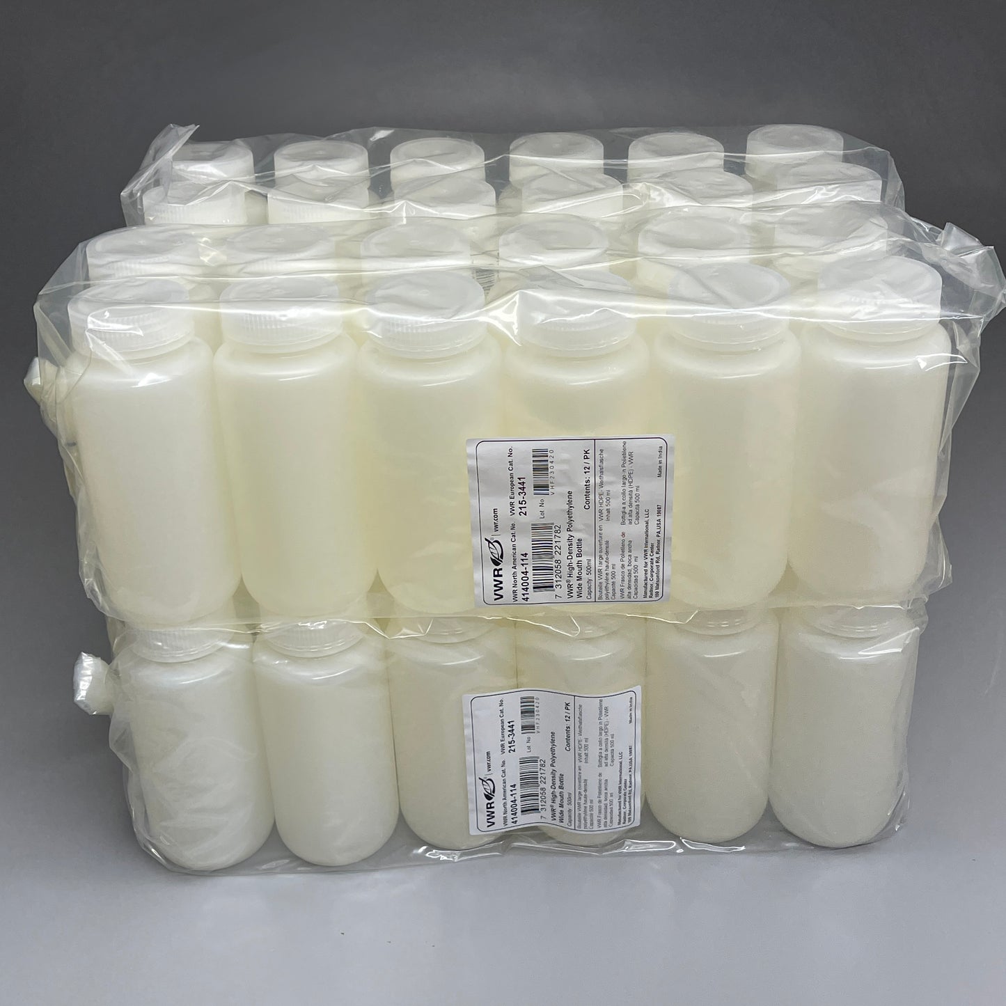 VWR (48 PACK) High Density Polyethylene Wide Mouth Bottle w/ Lid 500ml 41004-114