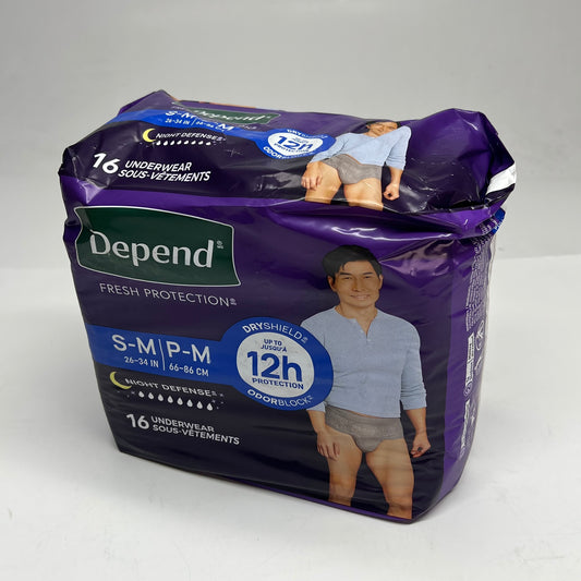DEPENDS (4 PACK, 16 EACH) Fresh Protection Dry Shield  Unisex Sz S-M Grey 55156