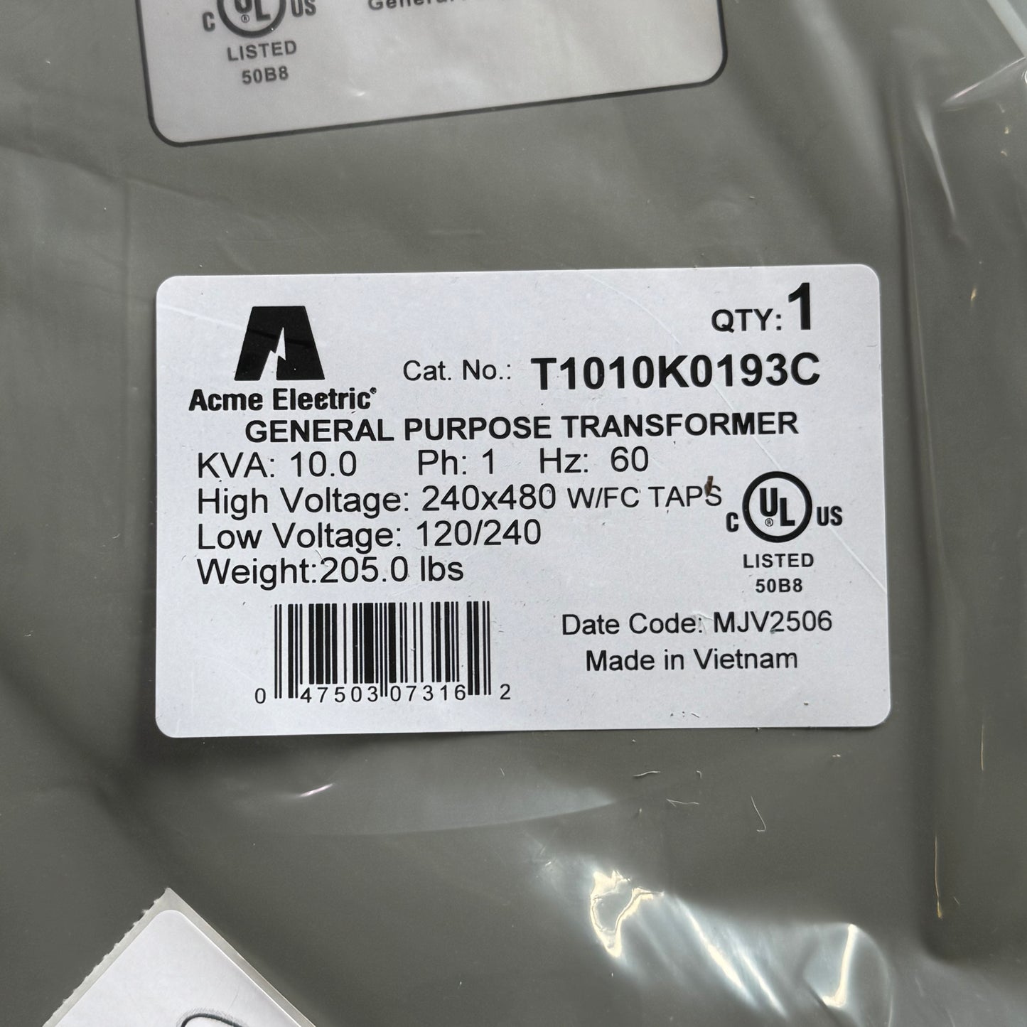 ACME ELECTRIC General Purpose Transformer 10 Kva 1 Phase Sz 17"L x 11.5"W, T1010K0193C