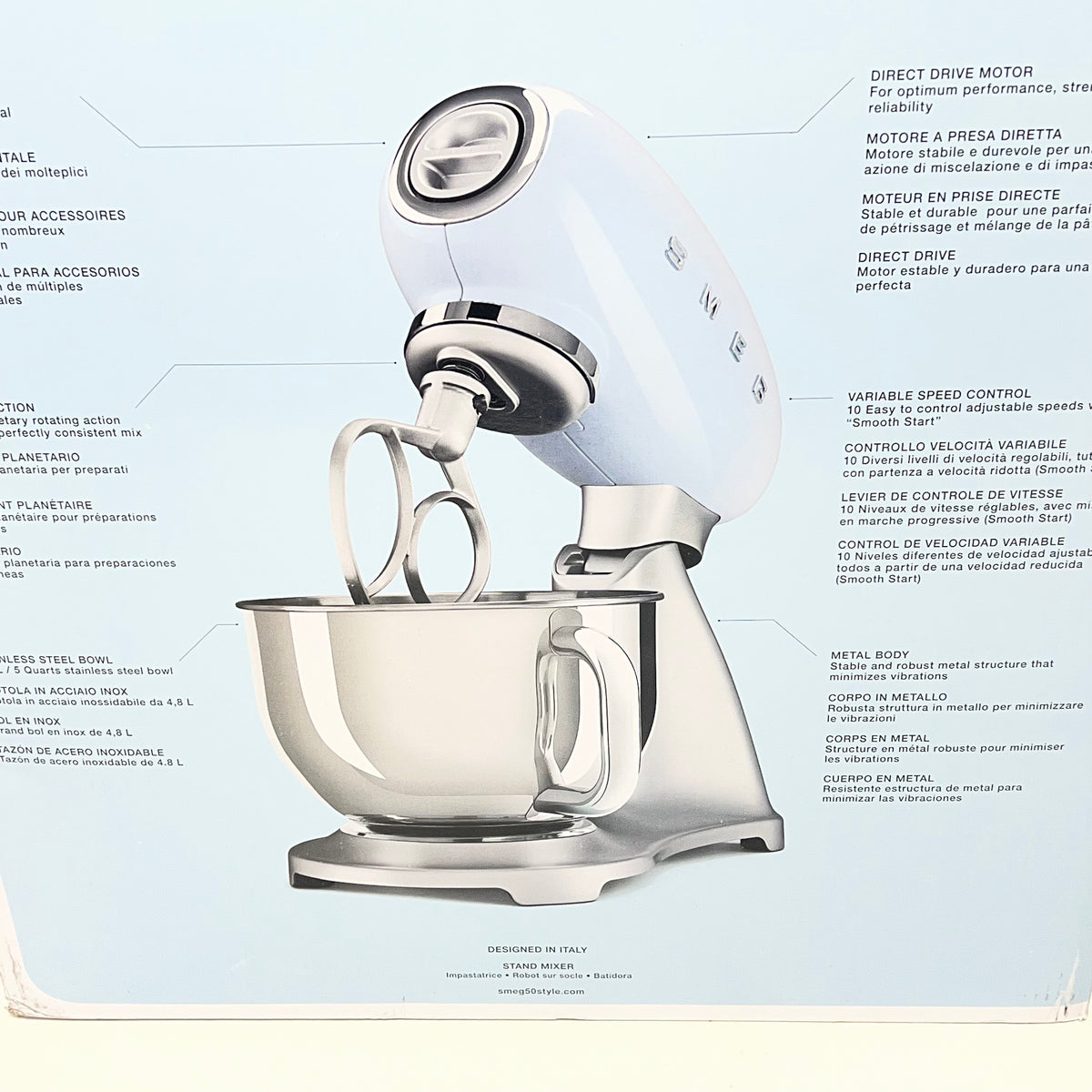 SMEG Kitchen Stand Mixer Full Color 50's Style 600w Glossy Silver SMF03PBEU