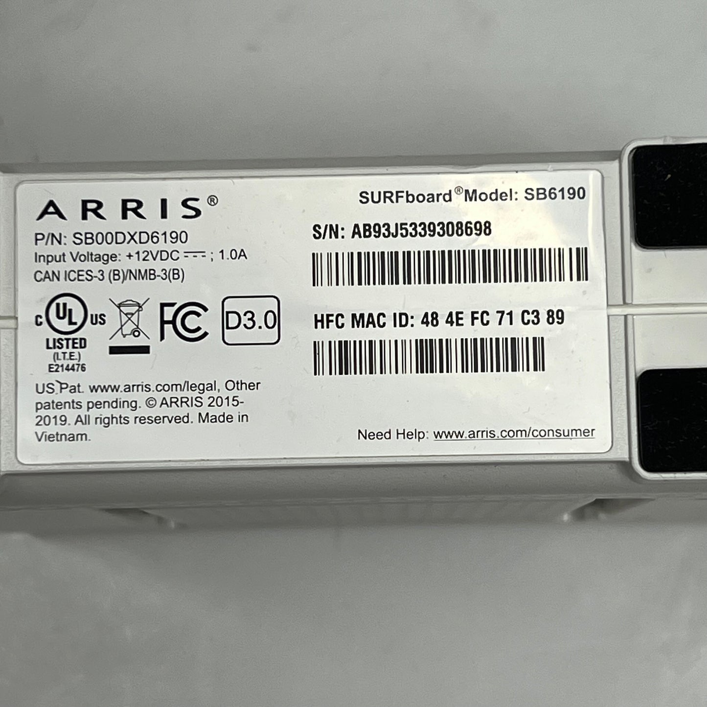 ARRIS Refurbished Unit Docsis 3.0 Surfboard Modem  1.4 GPBS White SB6190-RB