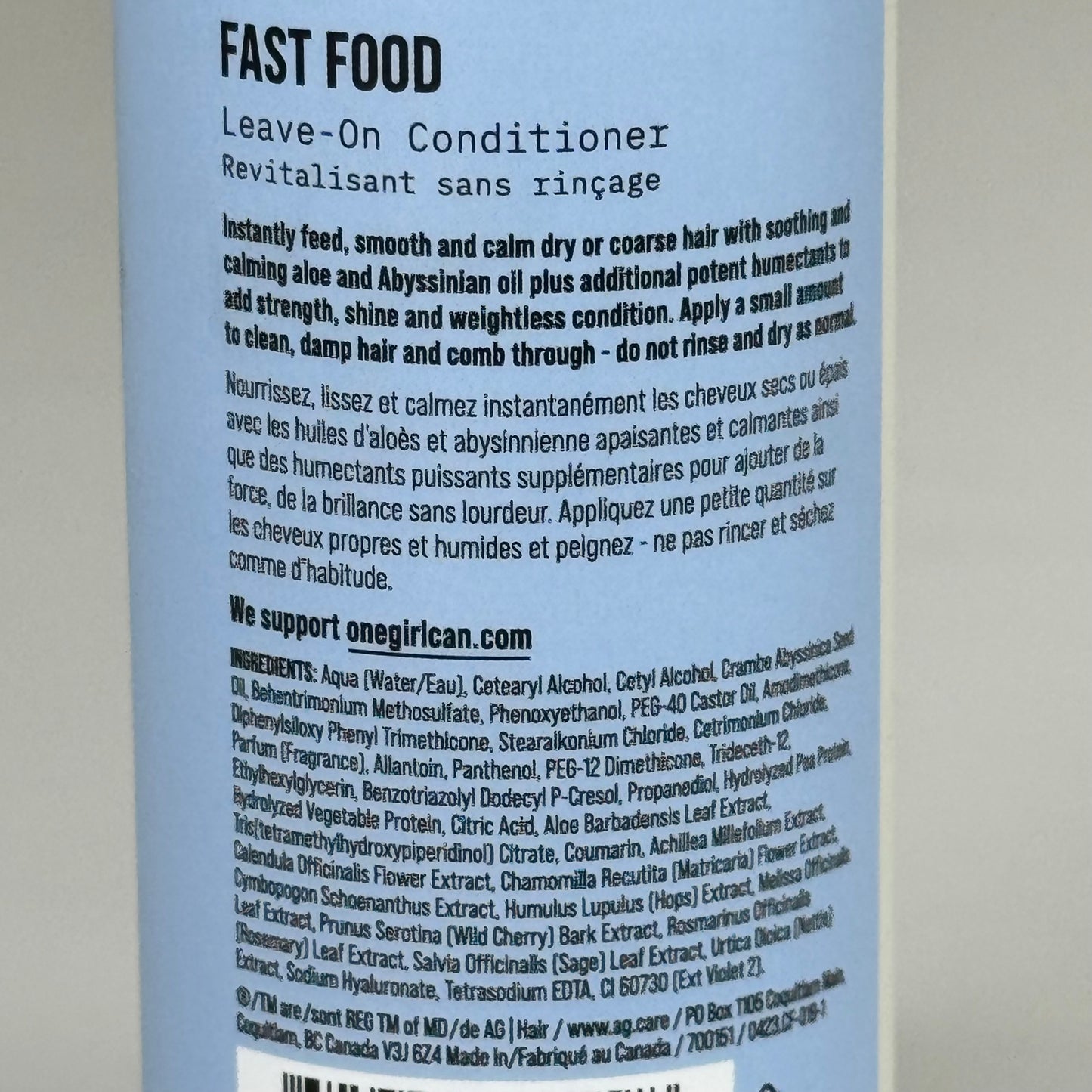 AG CARE Light Fast Food Leave-On Conditioner Hydrate Hair & Manage Fizz 8 lf oz