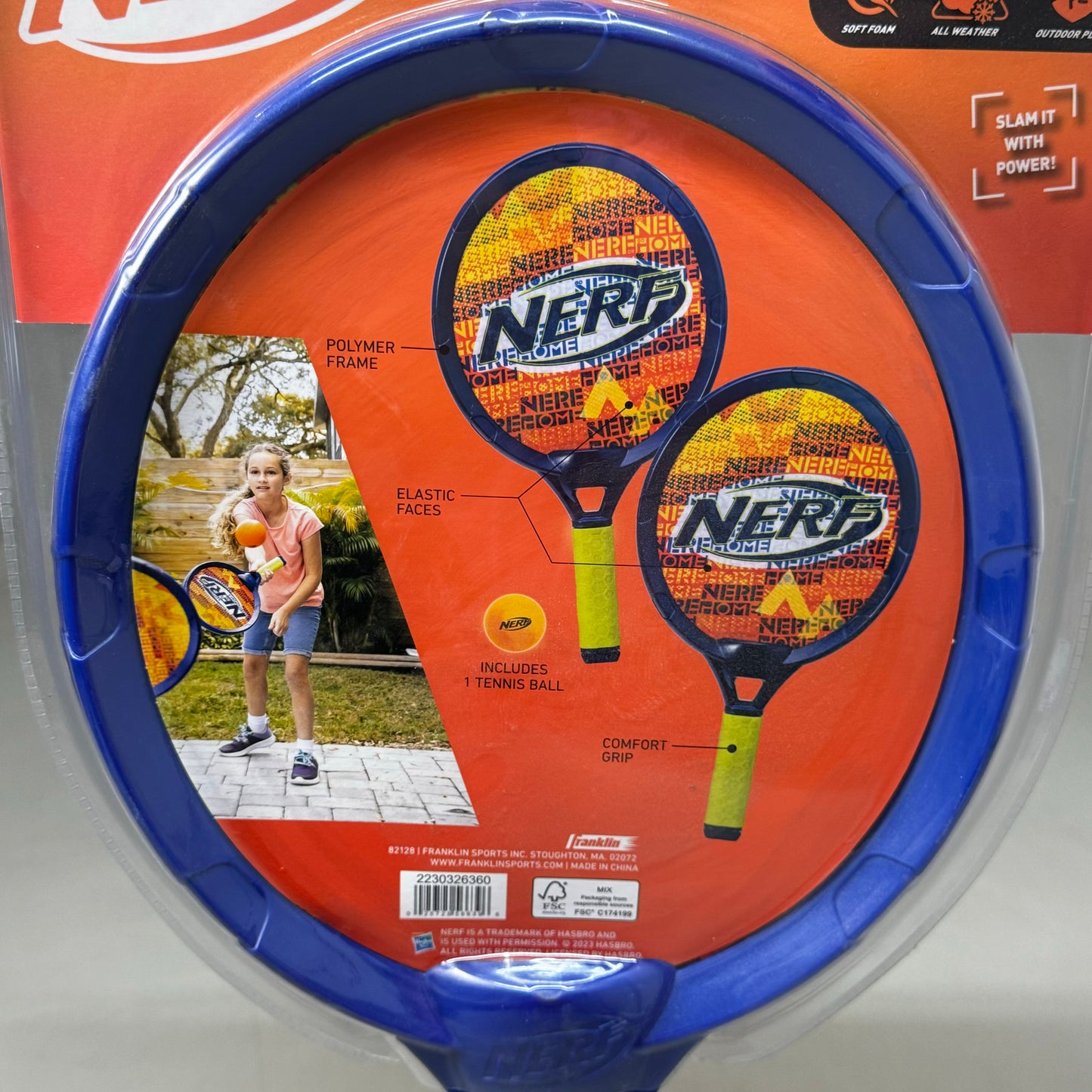 NERF 2 Player Foam Tennis Set w/ Foam Ball All Weather Comfort Grip Elastic Face