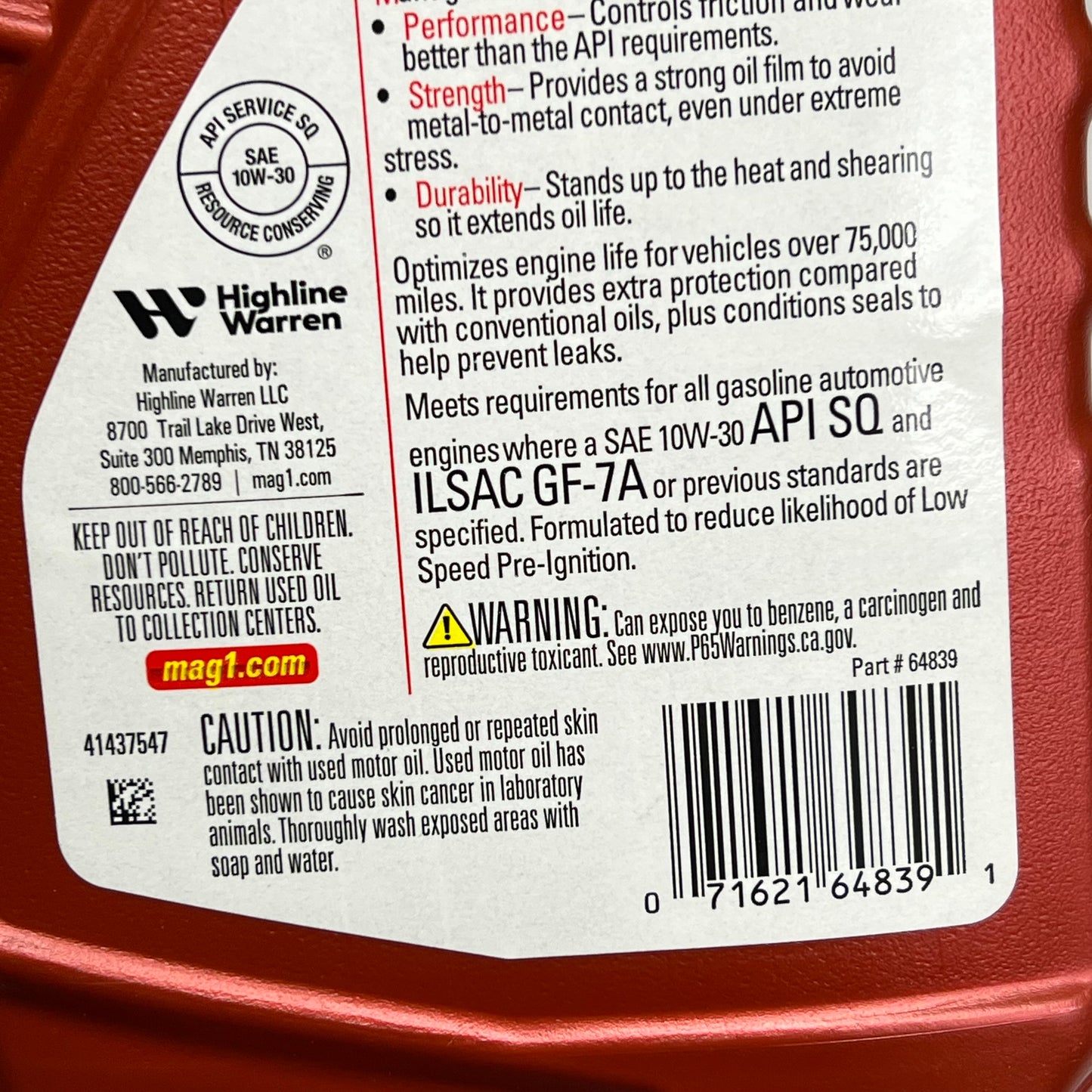 MAG1 (6 PACK) High Mileage Synthetic Blend 10W-30 Motor Oil  1 Quart Brown 64839