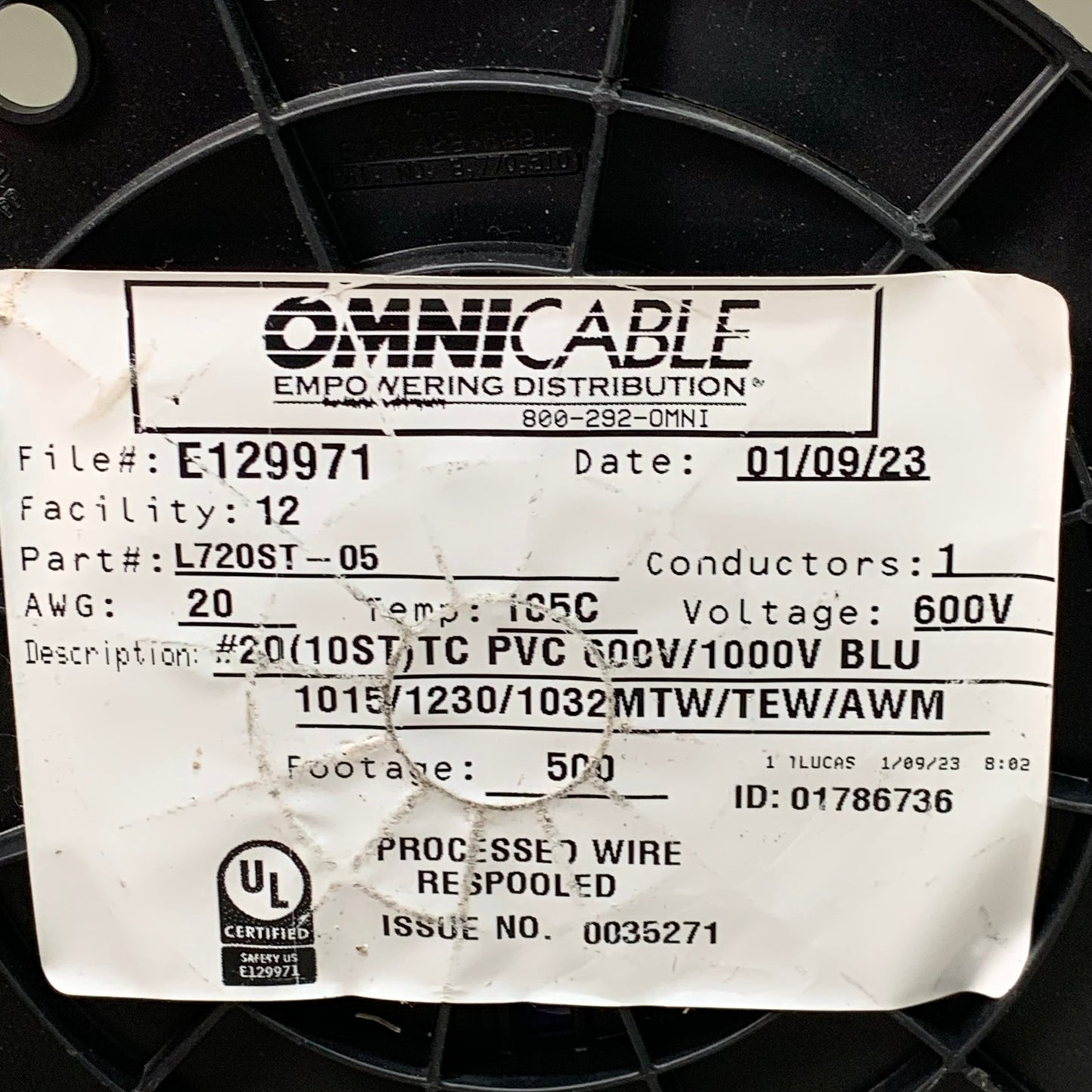 OMNICABLE #20 AWG 500' TC PVC 600V/1000V Blue L720ST-05