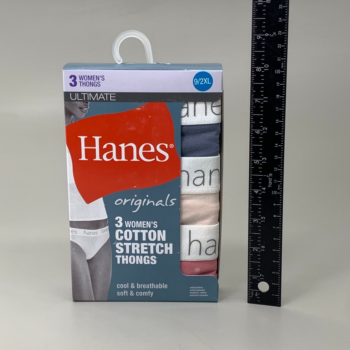 HANES 3 PACK!! Originals Women's Breathable Cotton Stretch Thongs Underwear Sz 9/2XLBlue/Buff/Pink 45OUBT
