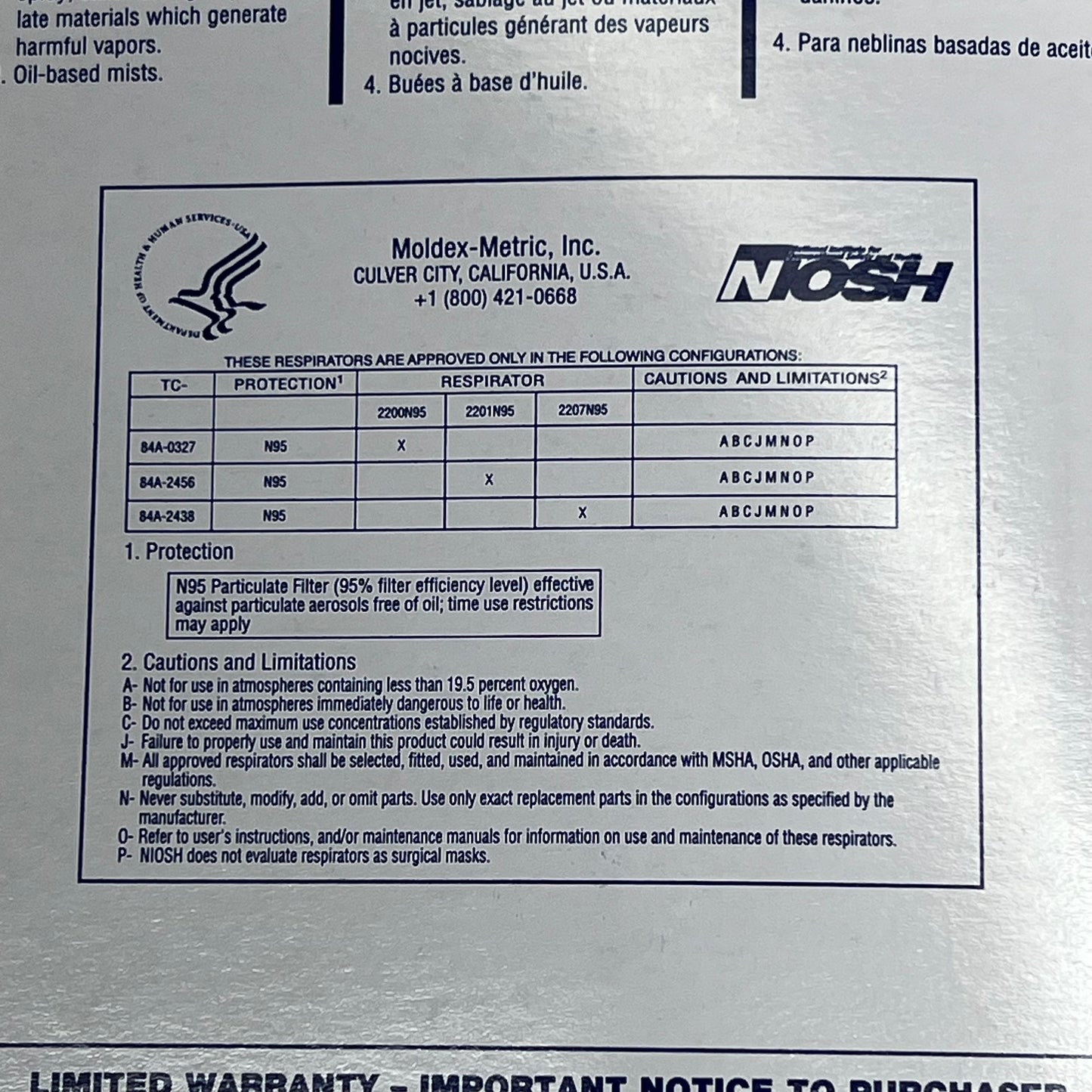 MOLDEX (20 PACK) Dura-Mesh Shell Face Respirators BB 05/30 White 2200N95