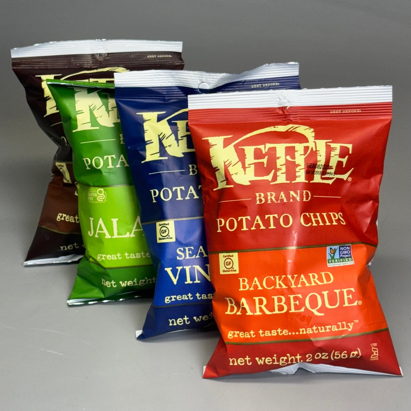 ZA@ KETTLE Potato Chips Stand with/ 4 Flavors, 2 oz bags BB 01/25