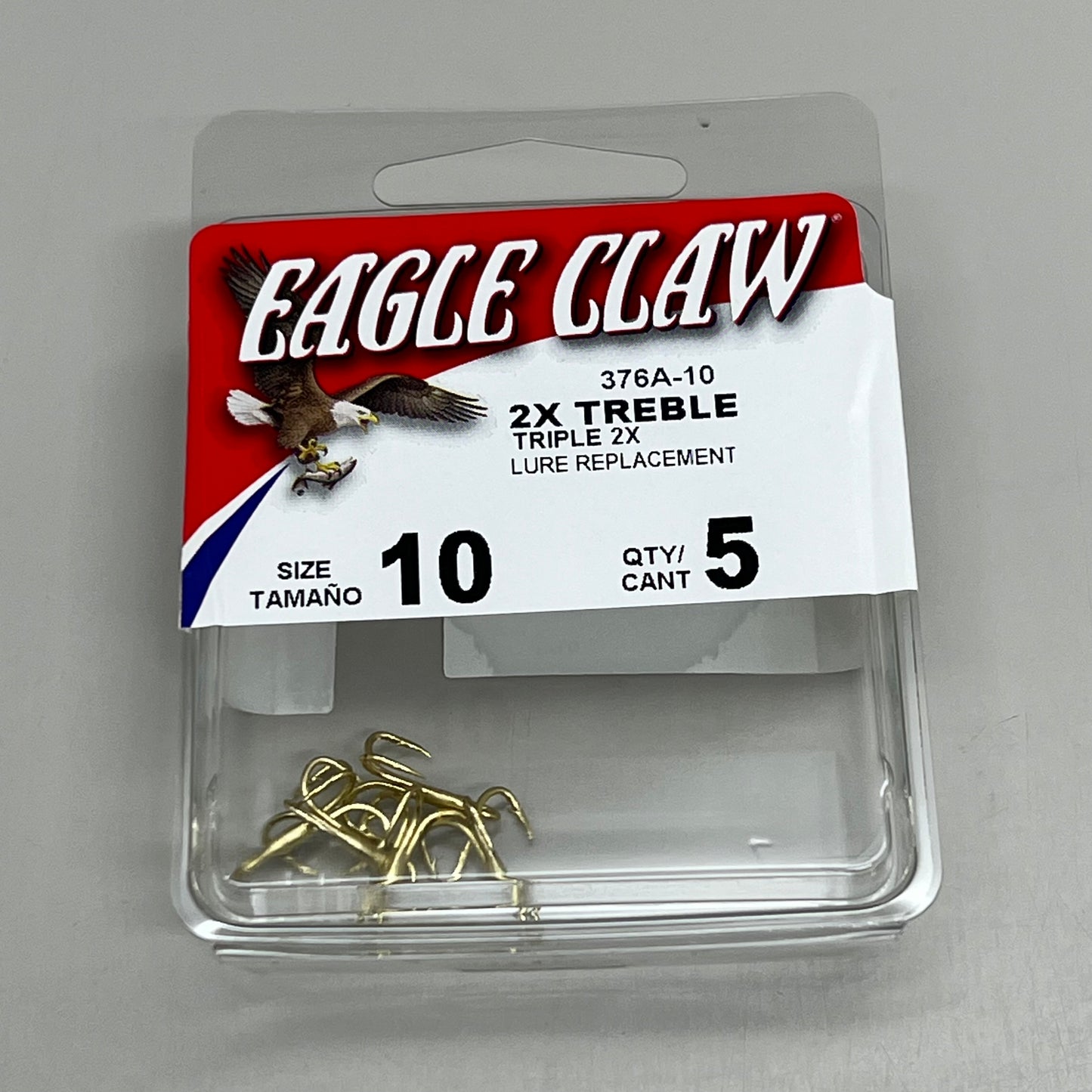 EAGLE CLAW (5 PACK) Curved Point 2X Treble Hook Lure Repla Gold #10 5pc 376A-10