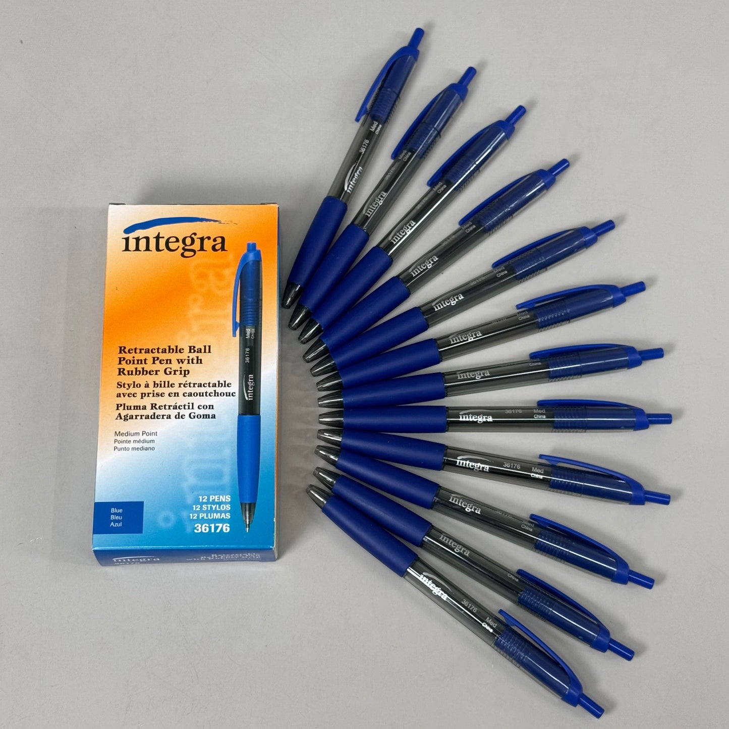 INTEGRA (12 PACK) Retractable Ball Medium Point Pen w/ Rubber Grip Blue 36176