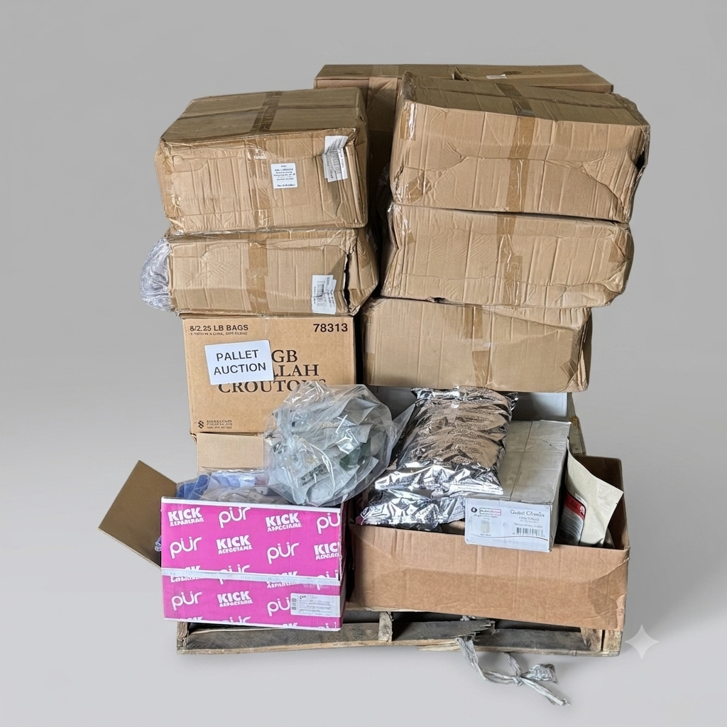 ZA@ Pallet of MIXED Chamomile, T-shirts, Pepper Sauce, Croutons, Shipping Boxes, Hole Plug, Etc… (AS-IS)