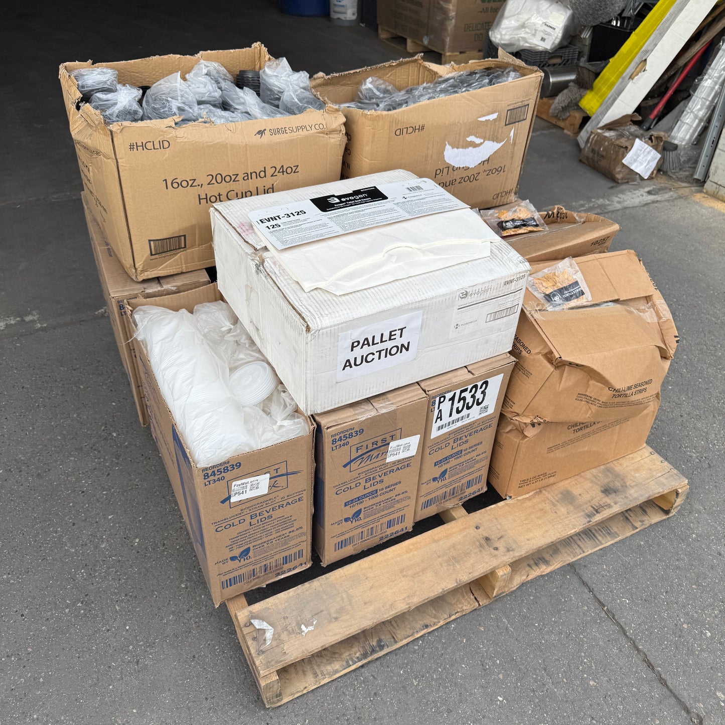 ZA@ Pallet of FIRST MARK Clear Lids, Black Hot Cup Lids, Tortilla Strips, & Toilet Seat Covers