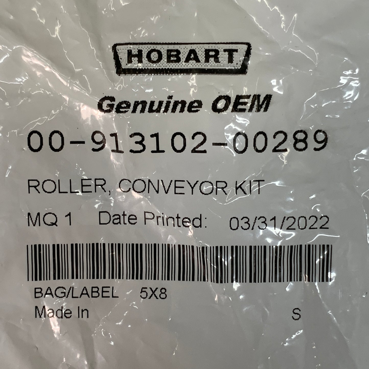 HOBART Conveyor Roller Kit 10 Rollers 10 Rings 3cm x 4cm 00-913102-00289 (New)