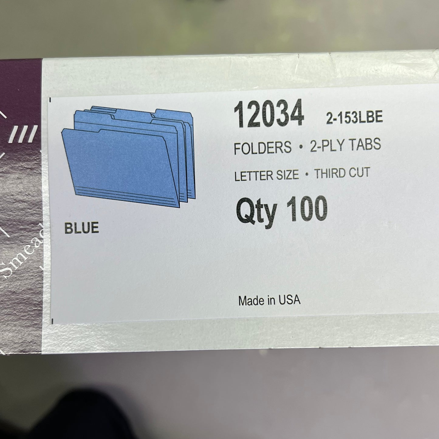 SMEAD (100 PACK) Color File Folders W/ Reinforcement Tabs 1/3 Cut Blue 12034