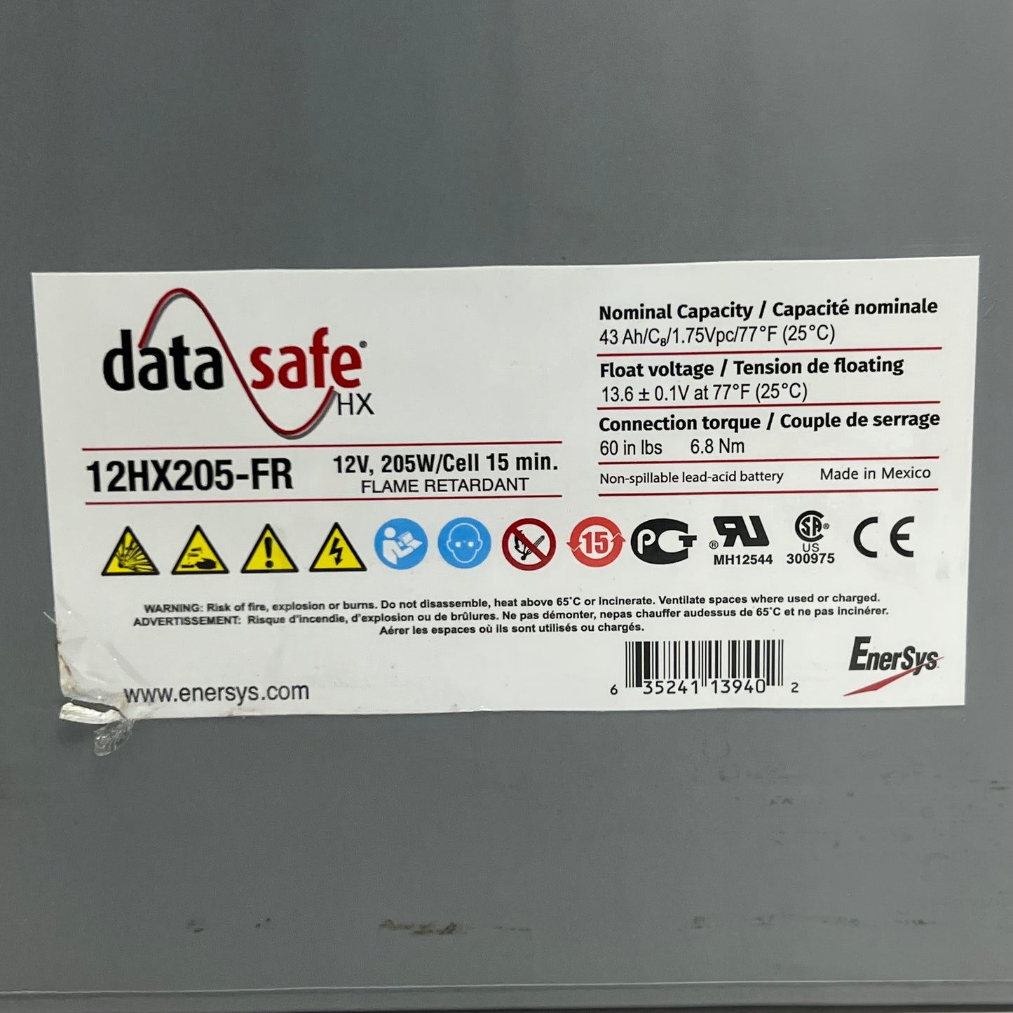 ZA@ ENERSYS DataSafe Battery 12V, 205W 12HX205-FR G