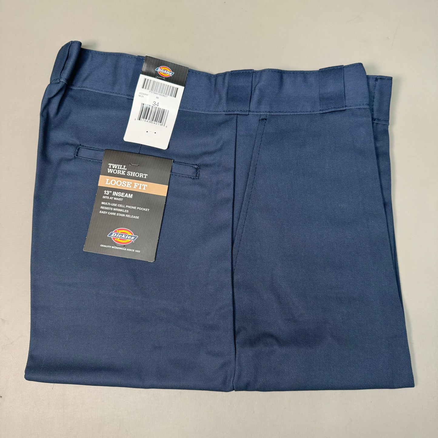 DICKIES Loose Fit Twill Work Shorts 13" Inseam Men's Sz 34 Navy Blue 42283NV