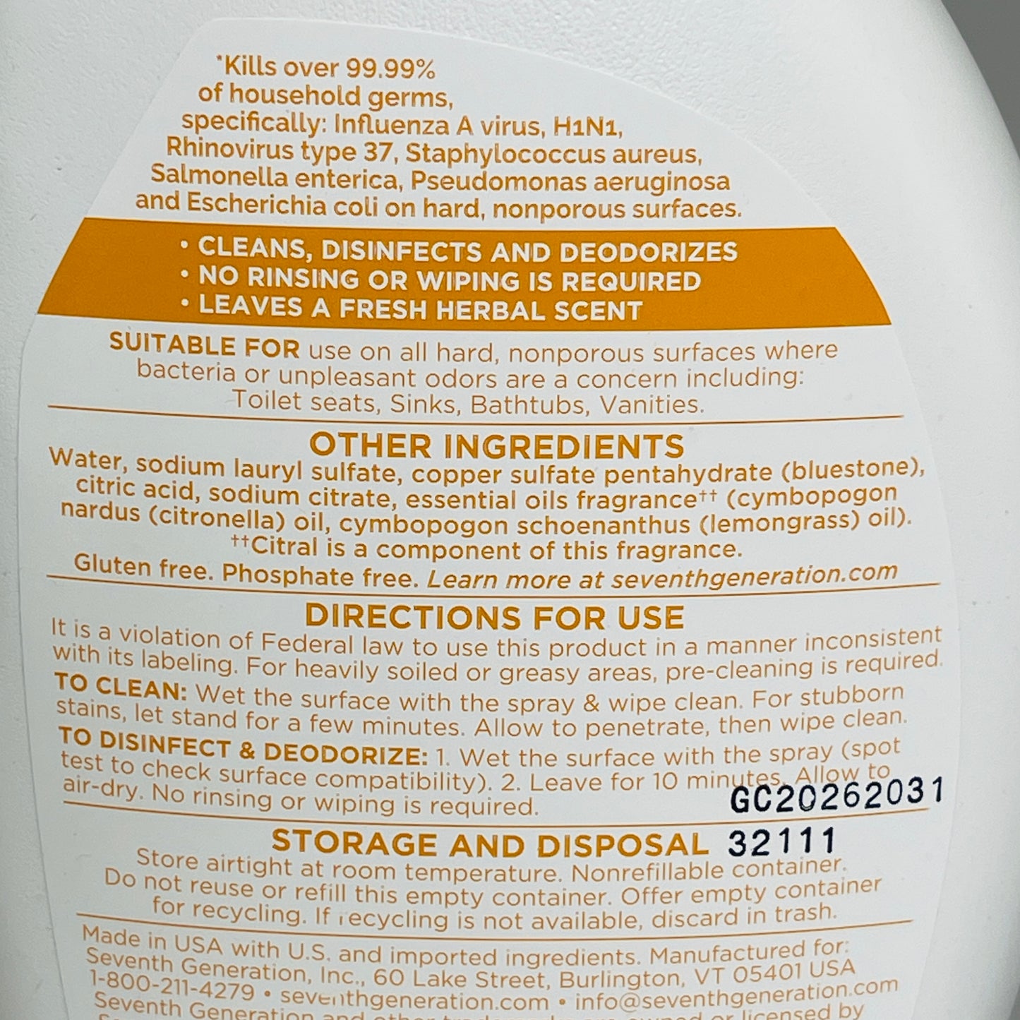 Z@ SEVENTH GENERATION Bathroom Disinfecting Cleaner LemonGrass Citrus Scent 26 fl oz