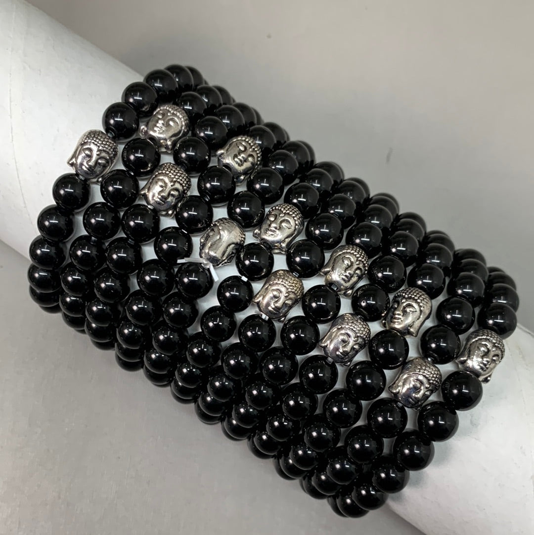 BEST WHOLESALE (12 PACK) Beaded Shiny Black Crystal Bracelets 3" Silver Buddha New